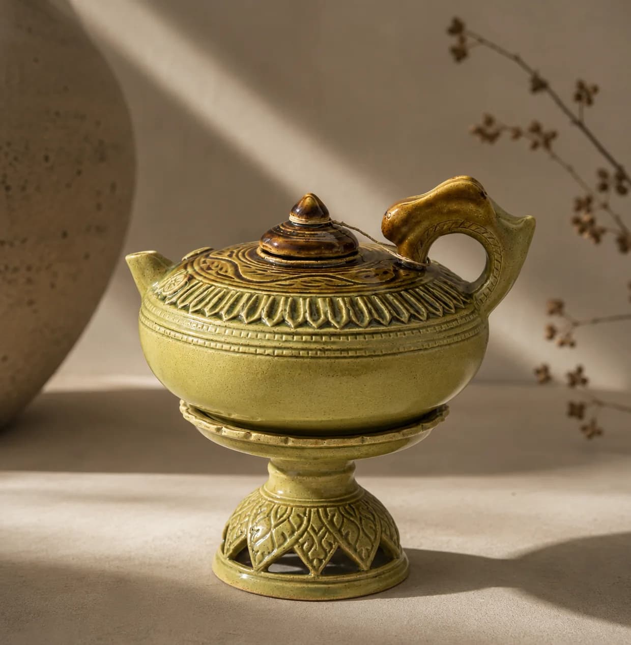 Green-glazed serving vessel
