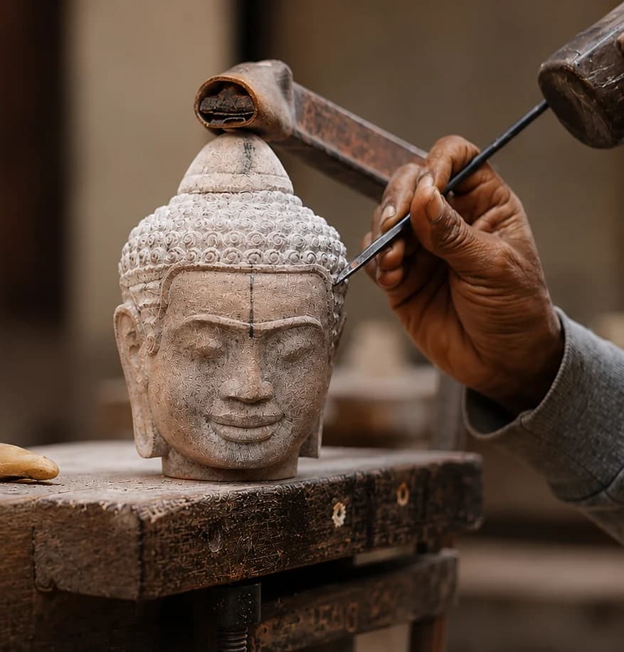 A Khmer sandstone head under the chisel